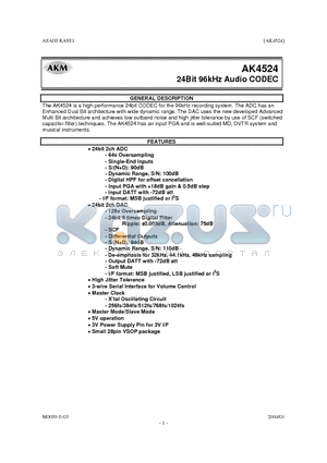 AKD4524 datasheet - 24Bit 96kHz Audio CODEC