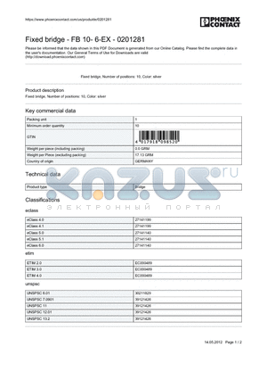 0201281 datasheet - Fixed bridge - FB 10- 6-EX - 0201281