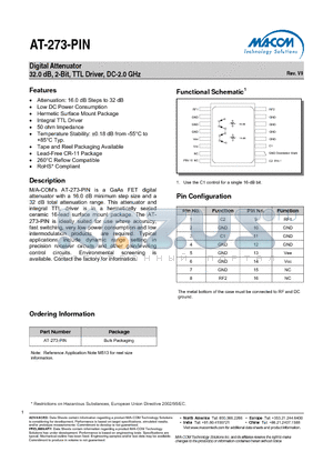 AT-273-PIN datasheet - Digital Attenuator 32.0 dB, 2-Bit, TTL Driver, DC-2.0 GHz