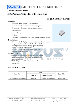11-21-SYGC-S530-E1-TR8 datasheet - Technical Data Sheet 1206 Package Chip LED with Inner lens