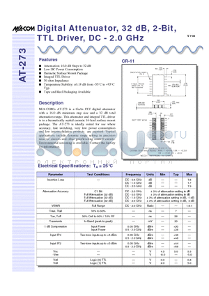 AT-273TR datasheet - Digital Attenuator, 32 dB, 2-Bit, TTL Driver, DC - 2.0 GHz