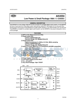 AKD4554 datasheet - Low Power & Small Package 16bit DS CODEC