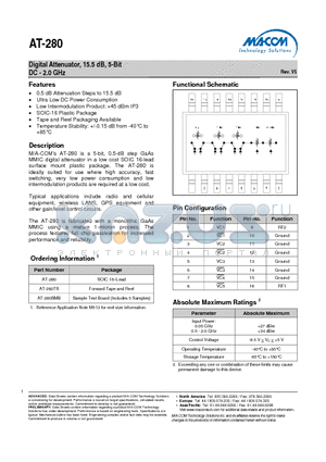 AT-280SMB datasheet - Digital Attenuator, 15.5 dB, 5-Bit DC - 2.0 GHz