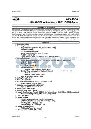 AKD4560A datasheet - 16bit CODEC with ALC and MIC/HP/SPK-Amps