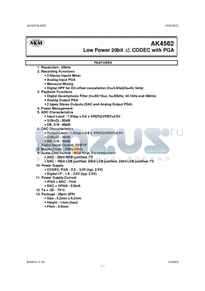 AKD4562 datasheet - LOW POWER 20BIT CODEC WITH PGA