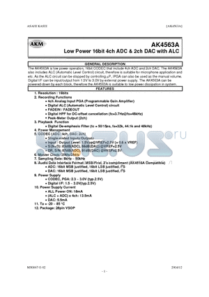 AKD4563A datasheet - Low Power 16bit 4ch ADC & 2ch DAC with ALC