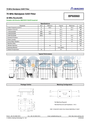 BP60060 datasheet - 70 MHz Bandpass SAW Filter