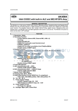AKD4564 datasheet - 16BIT CODEC WITH BUILT-IN ALC AND MIC/HP/SPK-AMP