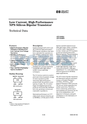 AT-31011-TR1 datasheet - Low Current, High Performance NPN Silicon Bipolar Transistor
