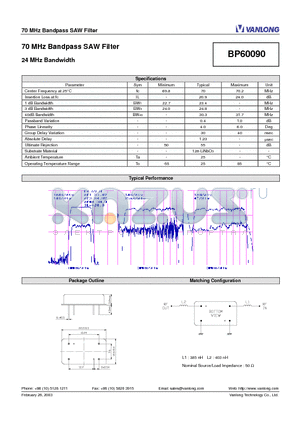 BP60090 datasheet - 70 MHz Bandpass SAW Filter