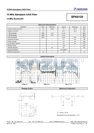BP60120 datasheet - 70 MHz Bandpass SAW Filter