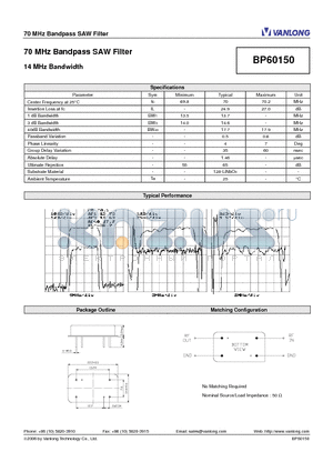 BP60150 datasheet - 70 MHz Bandpass SAW Filter