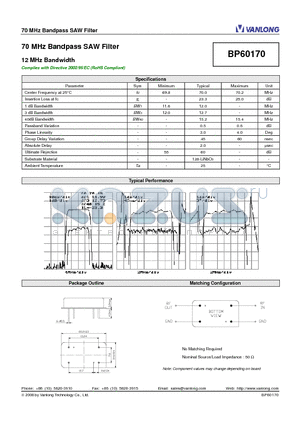 BP60170 datasheet - 70 MHz Bandpass SAW Filter
