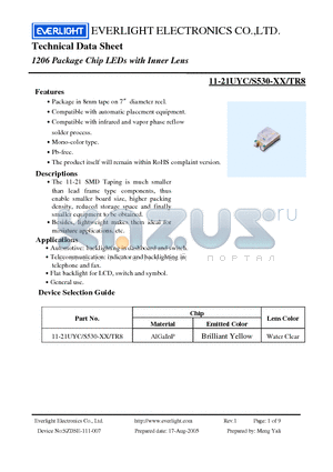 11-21UYC/S530-A3/TR8 datasheet - Technical Data Sheet 1206 Package Chip LEDs with Inner Lens