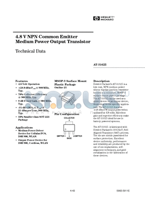 AT-31625-TR1 datasheet - 4.8 V NPN Common Emitter Medium Power Output Transistor