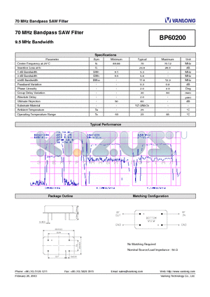 BP60200 datasheet - 70 MHz Bandpass SAW Filter
