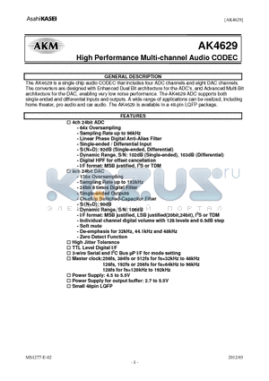 AKD4629 datasheet - High Performance Multi-channel Audio CODEC