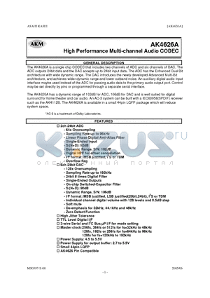 AKD4626 datasheet - High Performance Multi-channel Audio CODEC