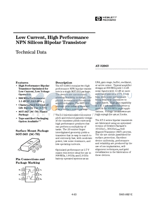 AT-32063-TR1 datasheet - Low Current, High Performance NPN Silicon Bipolar Transistor