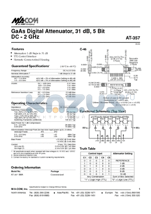 AT-357 datasheet - GaAs Digital Attenuator, 31 dB, 5 Bit DC - 2 GHz