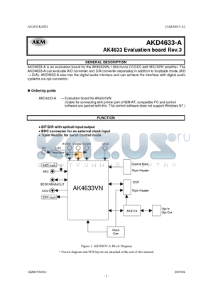 AKD4633-A datasheet - 16bit mono CODEC with MIC/SPK amplifier.