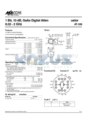 AT-358 datasheet - 1 Bit, 10 dB, GaAs Digital Atten 0.02 - 2 GHz