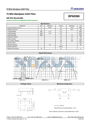 BP60390 datasheet - 70 MHz Bandpass SAW Filter