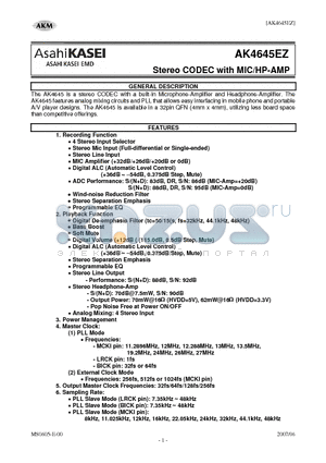 AKD4645 datasheet - Stereo CODEC with MIC/HP-AMP