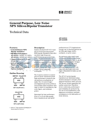 AT-41511-BLK datasheet - General Purpose, Low Noise NPN Silicon Bipolar Transistor