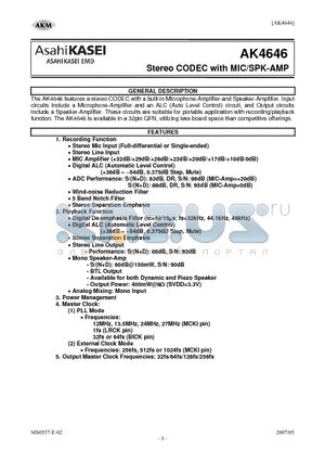 AKD4646 datasheet - Stereo CODEC with MIC/SPK-AMP