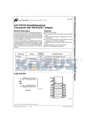 74F545PC datasheet - Octal Bidirectional Transceiver with TRI-STATEE Outputs