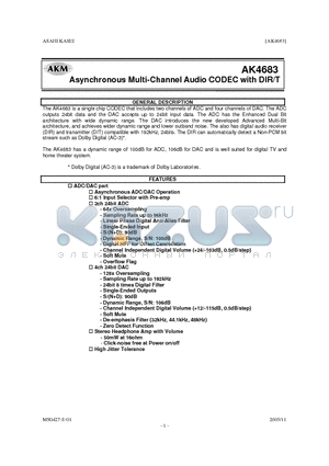 AKD4683 datasheet - Asynchronous Multi-Channel Audio CODEC with DIR/T