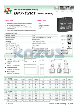 BP7-12RT datasheet - VRLA Rechargeable Battery