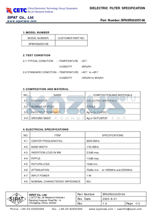 BP65R2025S106 datasheet - DIELECTRIC FILTER SPECIFICATION