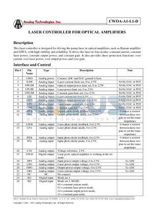CWOA-A1-L1-D datasheet - LASER CONTROLLER FOR OPTICAL AMPLIFIERS