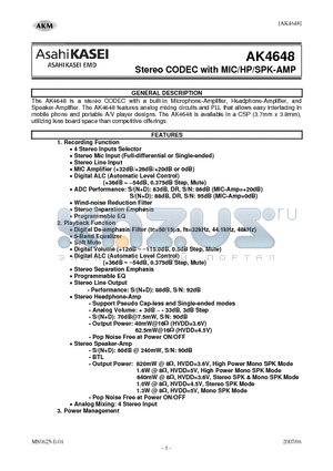 AKD4648 datasheet - Stereo CODEC with MIC/HP/SPK-AMP