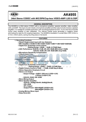 AKD4955 datasheet - 24bit Stereo CODEC with MIC/SPK/Cap-less VIDEO-AMP/ LDO & DSP