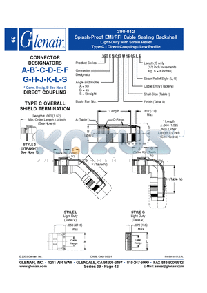 390FA012M32 datasheet - Splash-Proof EMI/RFI Cable Sealing Backshell Light-Duty with Strain Relief