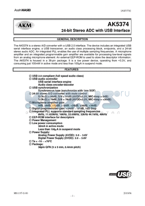 AKD5374 datasheet - 24-bit Stereo ADC with USB Interface