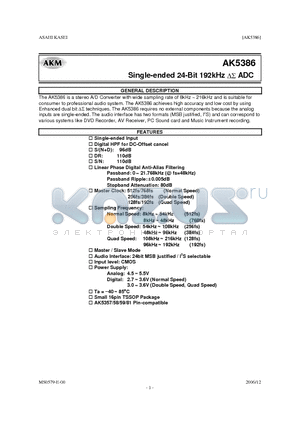 AKD5386 datasheet - Single-ended 24-Bit 192kHz DS ADC