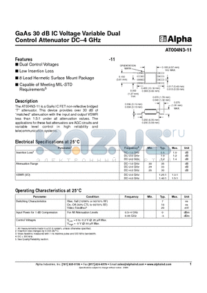 AT004N3-11 datasheet - GaAs 30 dB IC Voltage Variable Dual Control Attenuator DC-4 GHz