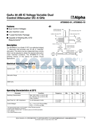 AT006N3-10 datasheet - GaAs 30 dB IC Voltage Variable Dual Control Attenuator DC-6 GHz