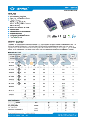 AKF-15D12 datasheet - AC/DC Power Module 15W Fully encapsulated Plastic Case