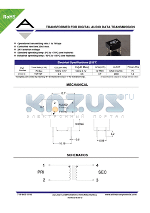 AT0401D datasheet - TRANSFORMER FOR DIGITAL AUDIO DATA TRANSMISSION