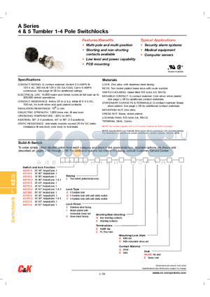 A2161322NZNQE datasheet - 4 & 5 Tumbler 1-4 Pole Switchlocks