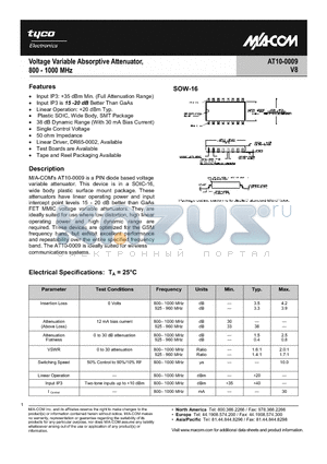 AT10-0009 datasheet - Voltage Variable Absorptive Attenuator, 800 - 1000 MHz