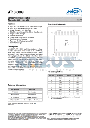 AT10-0009TR datasheet - Voltage Variable Absorptive Attenuator, 800 - 1000 MHz