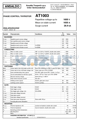 AT1003 datasheet - PHASE CONTROL THYRISTOR