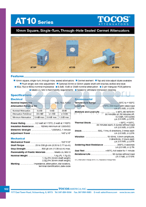 AT10P-12DB30S601 datasheet - 10mm Square, Single-Turn, Through-Hole Sealed Cermet Attenuators