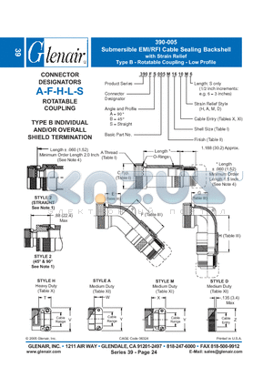 390FB005M20 datasheet - Submersible EMI/RFI Cable Sealing Backshell with Strain Relief